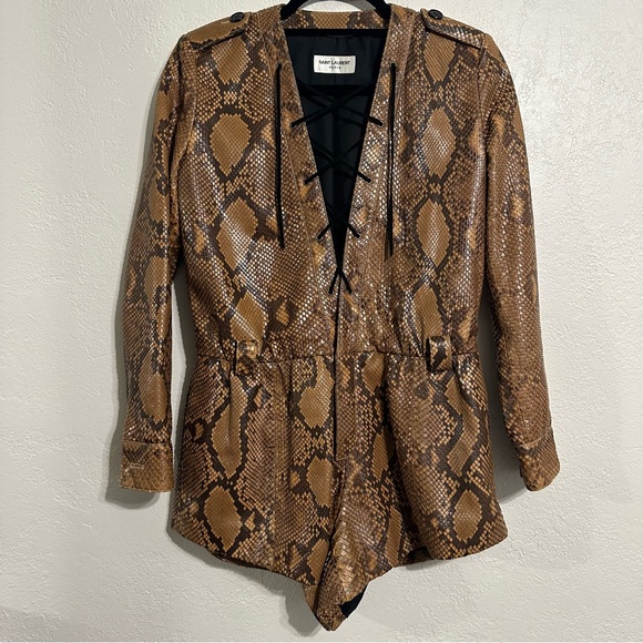 Saint Laurent Paris Python Leather Belted Playsuit size FR 36 Long Sleeve Shorts - Picture 3 of 16